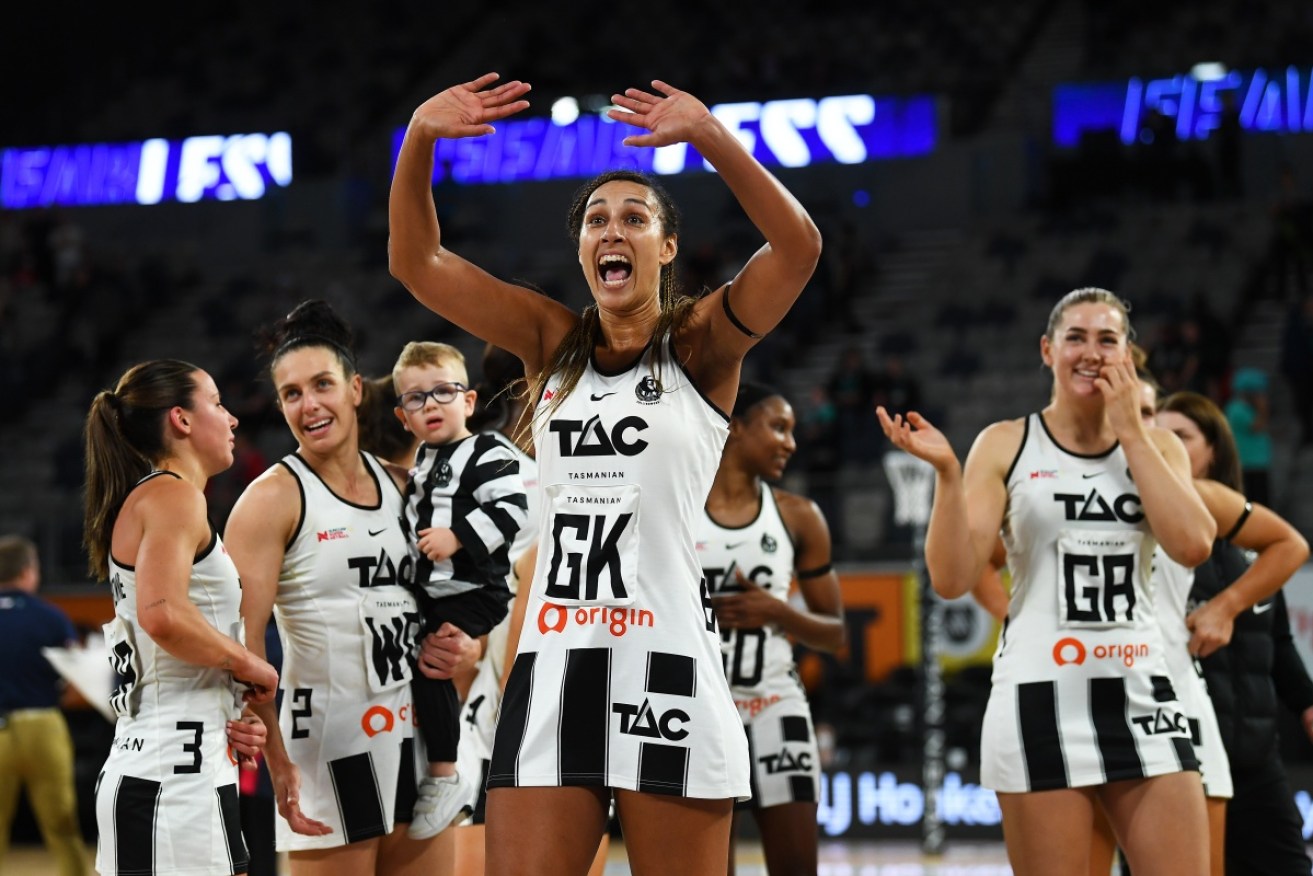 Geva Mentor of Collingwood reacts after her side's Super Netball boilover against the Vixens. 