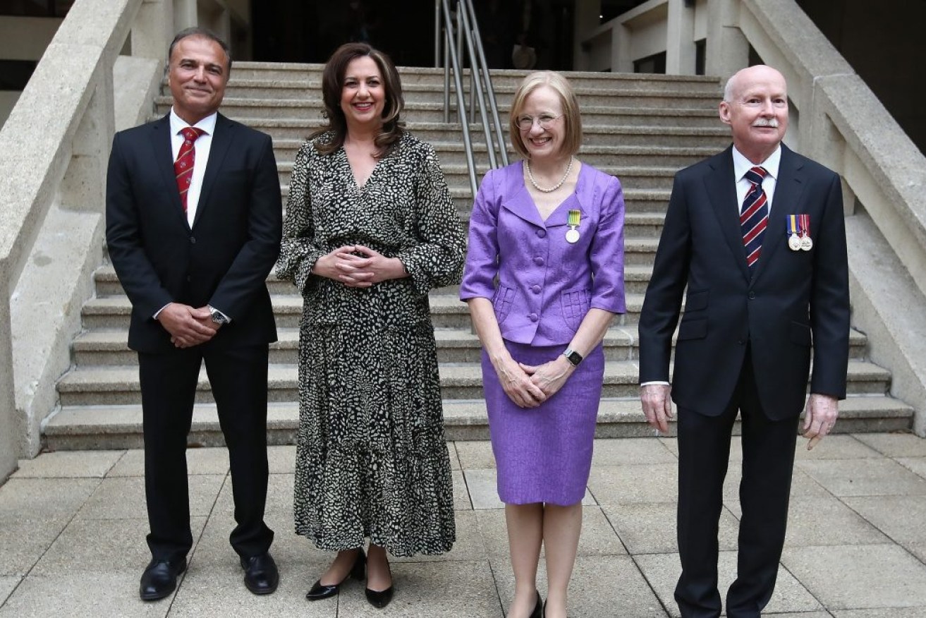 Dr Adib (left) with Ms Palaszczuk at Jeannette Young's swearing in as Queensland governor.