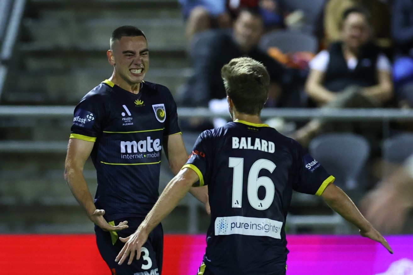Lewis Miller scored Central Coast Mariners' opening goal in their 2-0 ALM win over Brisbane Roar.