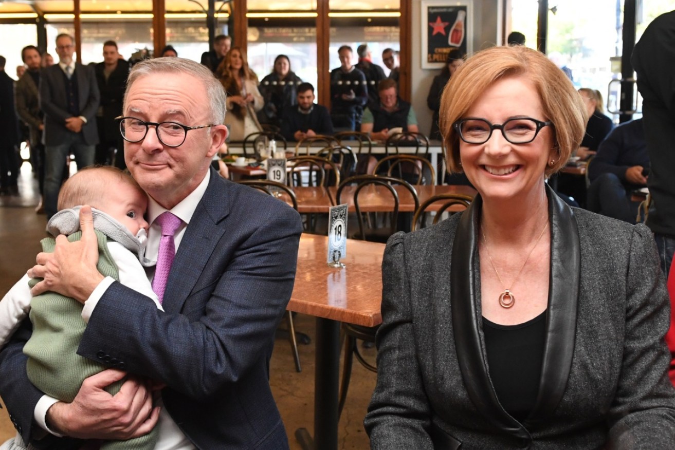 Julia Gillard with Anthony Albanese (and baby Charlie) in Adelaide on Friday.