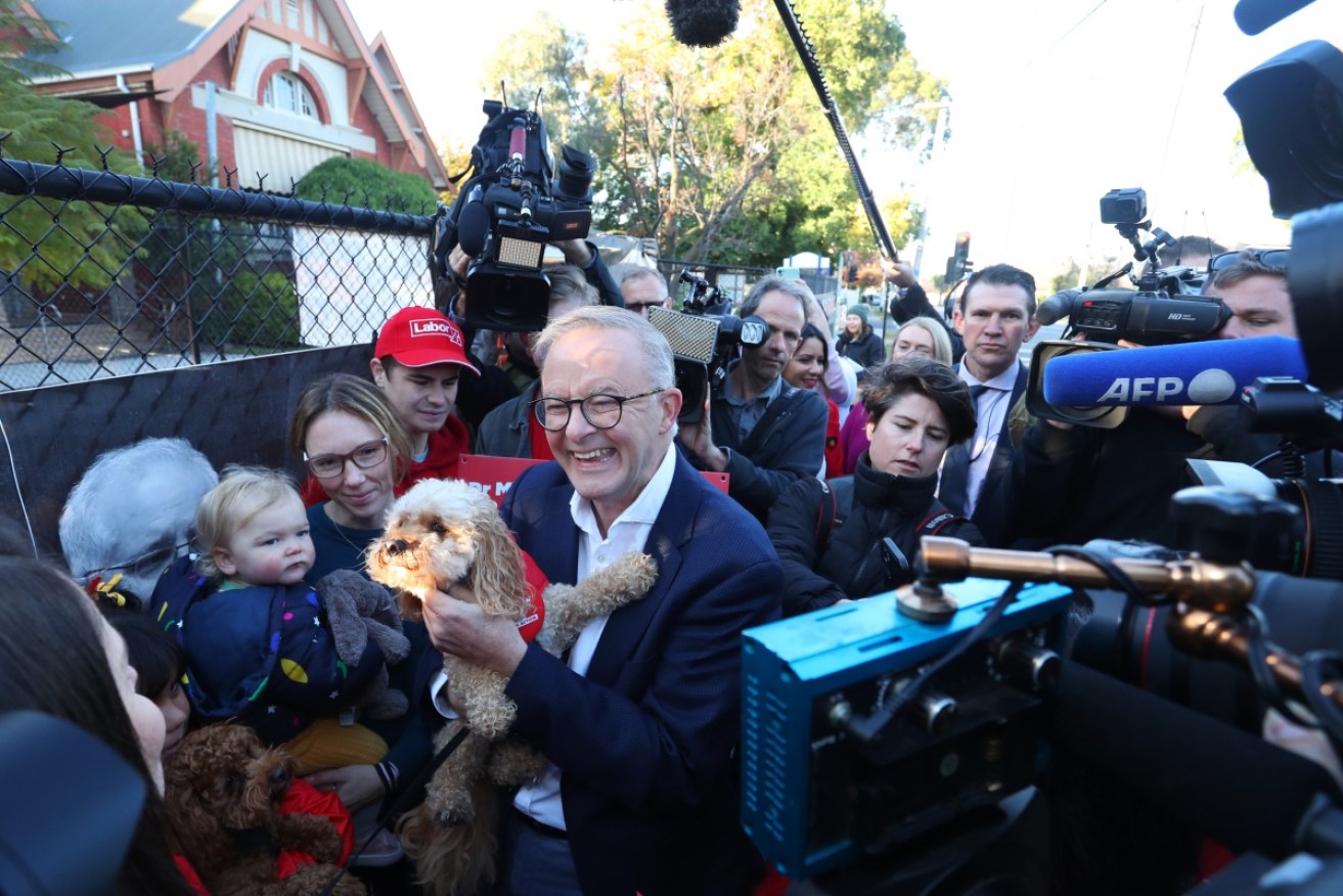 Labor leader Anthony Albanese holds a supporters dog at a polling booth in the electorate of Higgins on Saturday. 