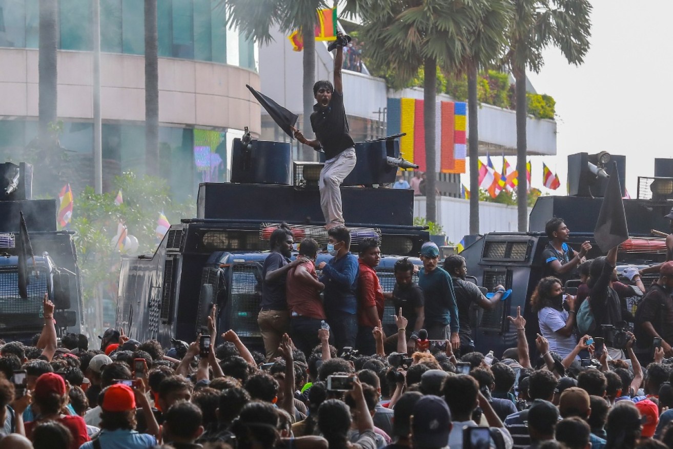 University students demand the resignation of Sri Lankan President Gotabaya Rajapaksa in protests on May 19.
