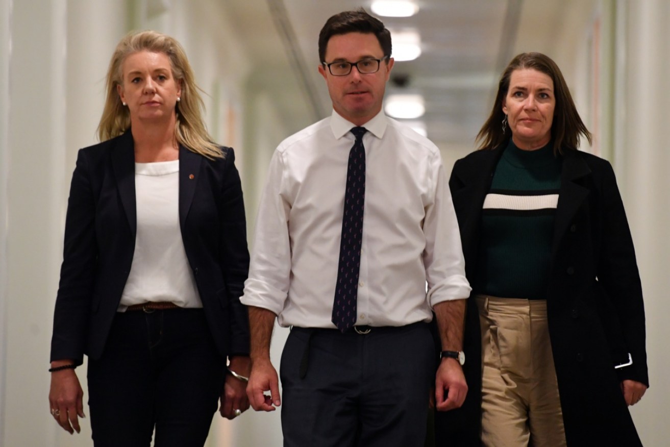 New Nationals leader David Littleproud with the party's Senate leader, Bridget McKenzie, and new deputy, Perin Davey.