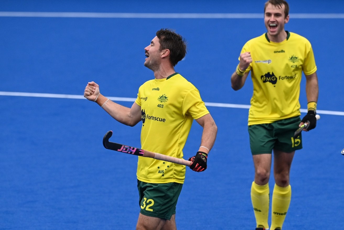 Jeremy Hayward celebrates his goal for the Kookaburras in the 3-1 win over New Zealand. 