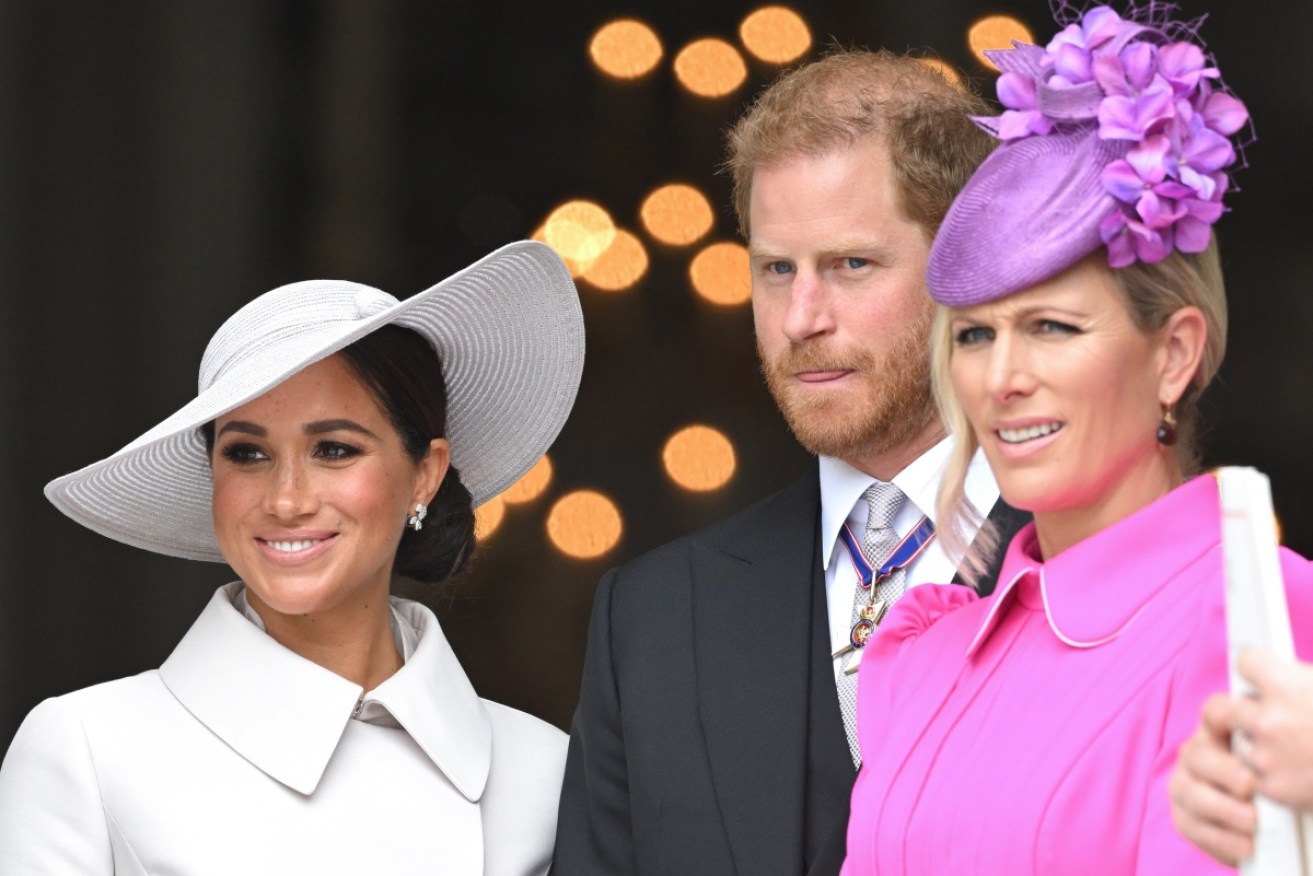 Prince Harry and Meghan Markle with his cousin Zara Tindall at the public service for the Queen last weekend.