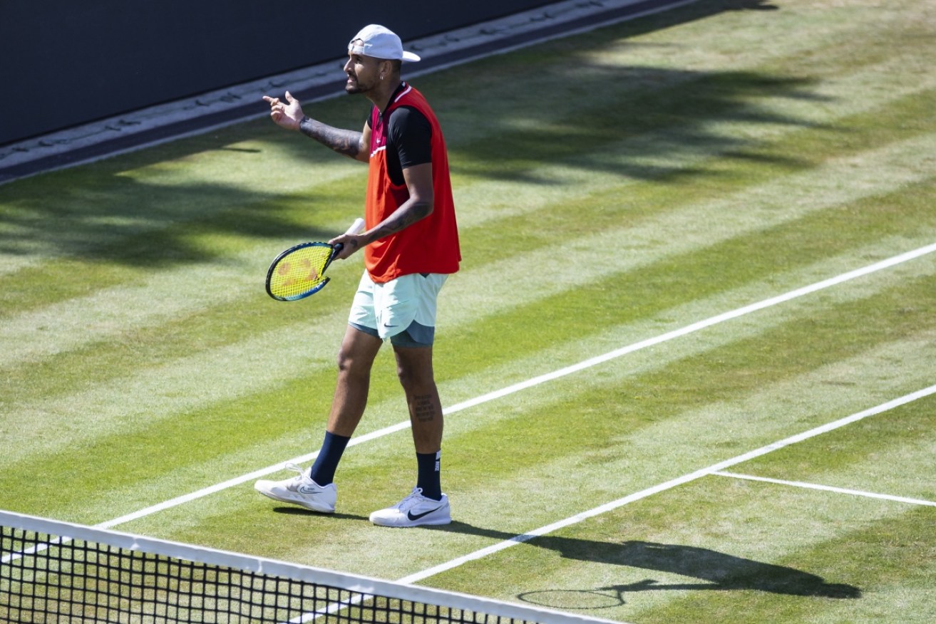 Nick Kyrgios argues with the umpire during his loss to Andy Murray.