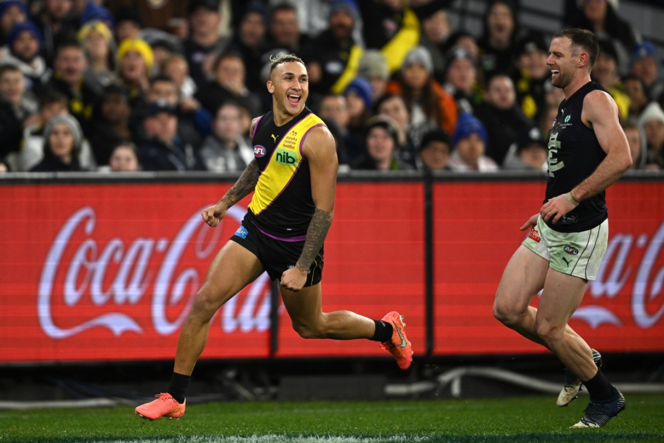 Richmond star Shai Bolton celebrates a goal after taunting his Carlton opponents at the MCG on Thursday night. 