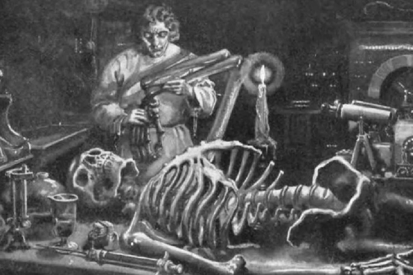 Dr Frankenstein at work in his laboratory.
