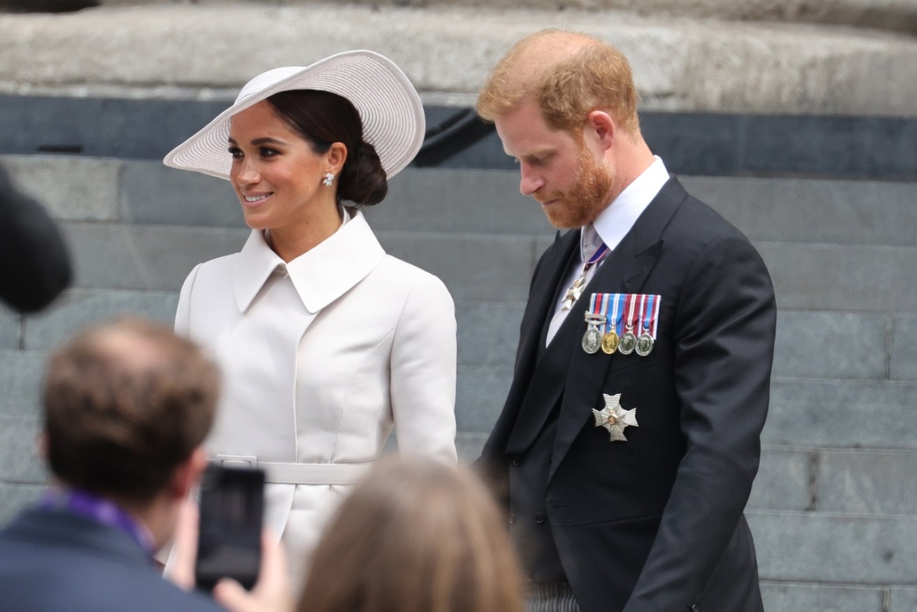 The Duke and Duchess of Sussex in London for last month's public service of thanksgiving to the Queen.