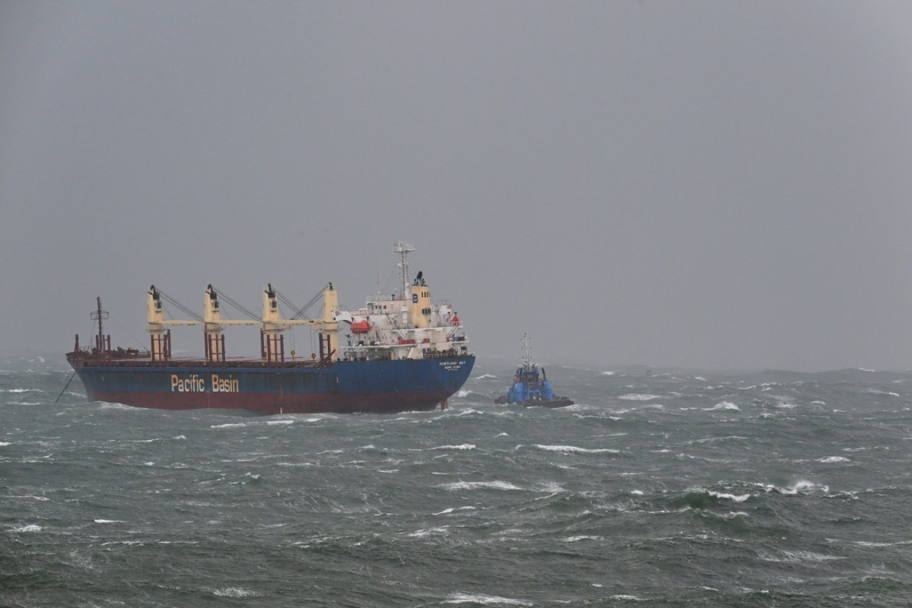A cargo ship off the NSW coast that lost power in torrential rain is anchored south of Port Botany.