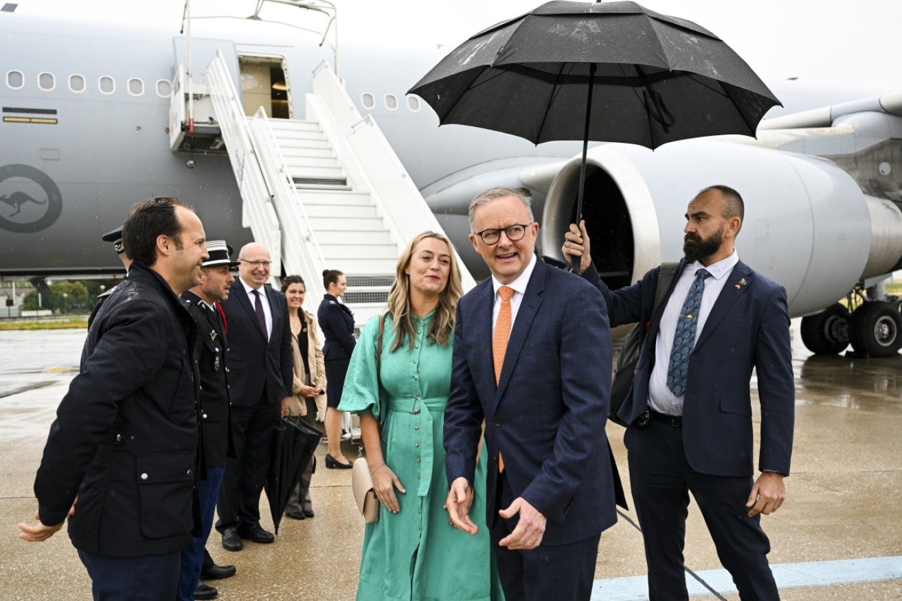 PM Anthony Albanese and partner Jodie Haydon on arrival in Paris on June 30.