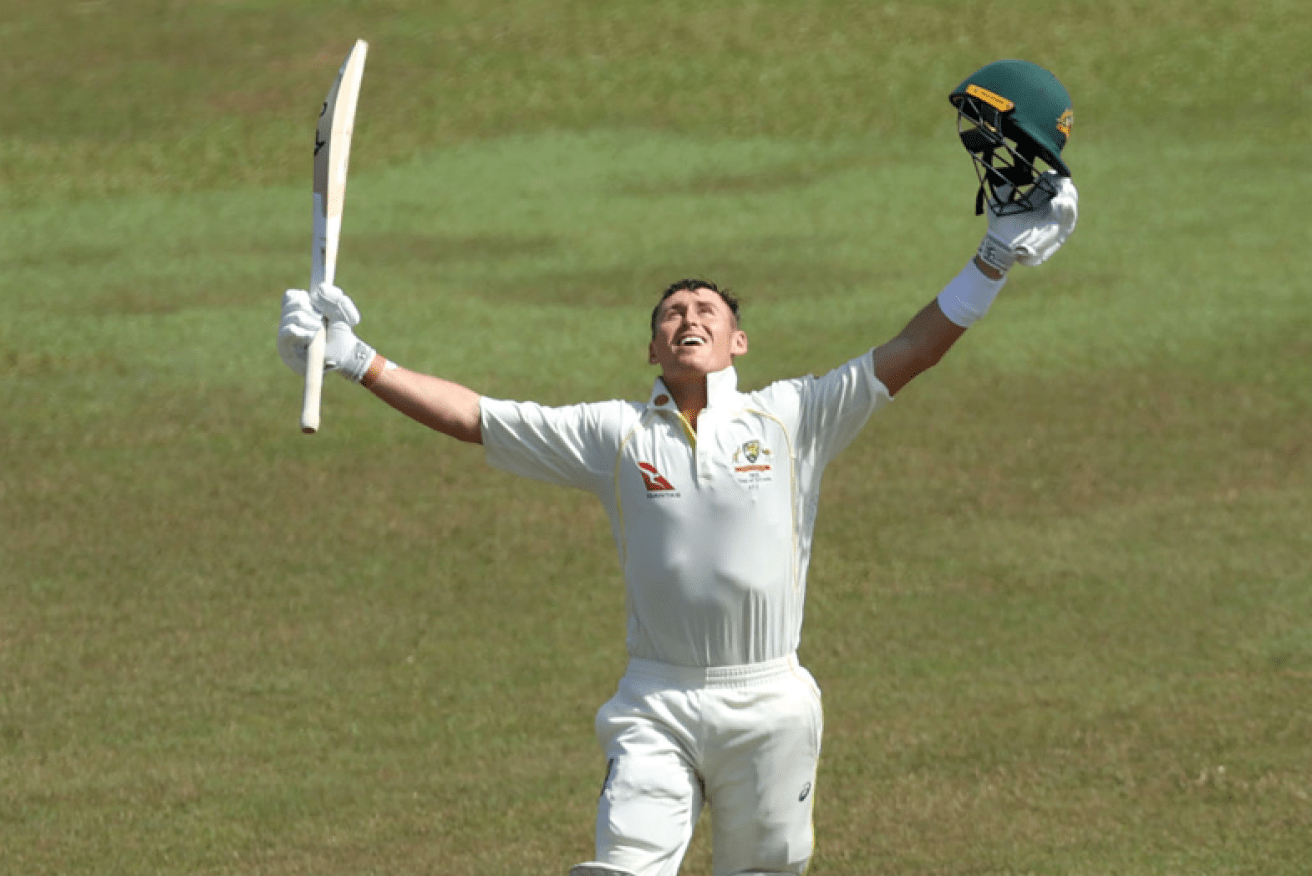 Marnus Labuschagne celebrates his century after a lucky escape earlier in the day. Photo: Getty