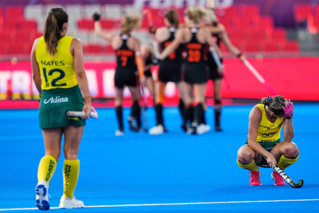 The Hockeyroos' body language says it all after getting so close to the gold and failing by so little. <i>Photo: EPA/AAP</i>