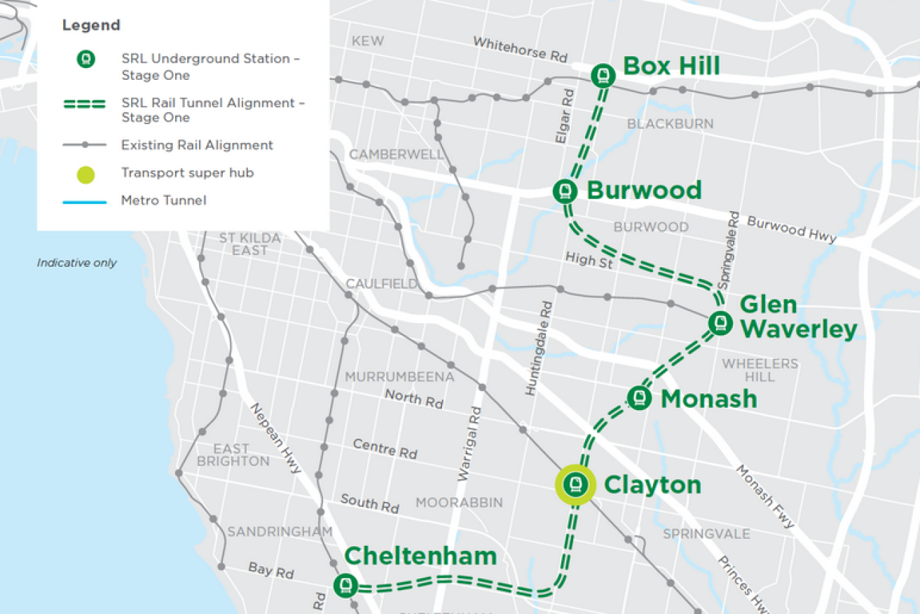 The Cheltenham-Box Hill stretch of the Loop would be the first section under construction. <i>Map: Vic Govt</i>