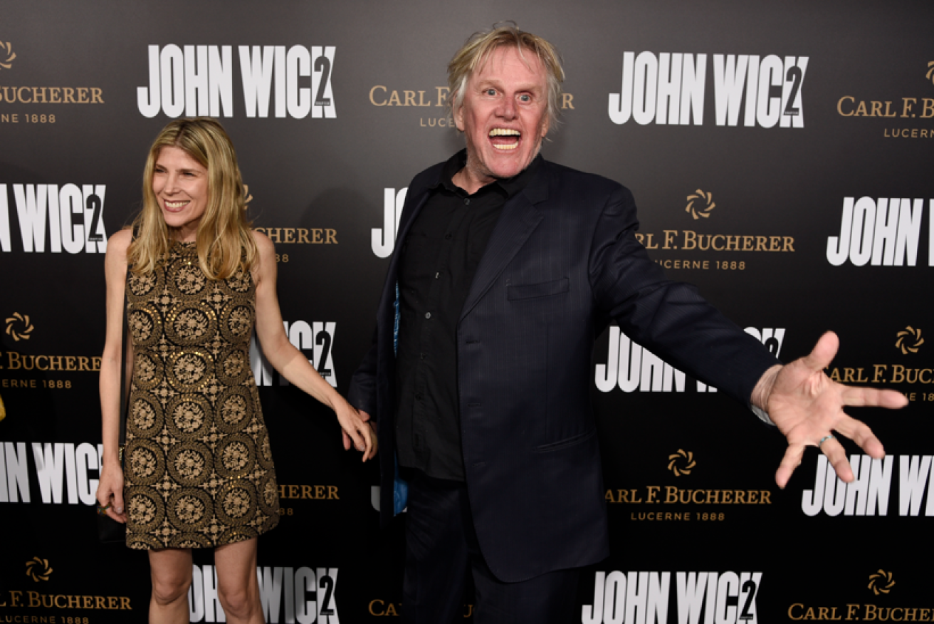 Gary Busey and <i>John Wick II</i>co-star Steffanie Sampson arrive for the premier. <i>Photo: AP</i>