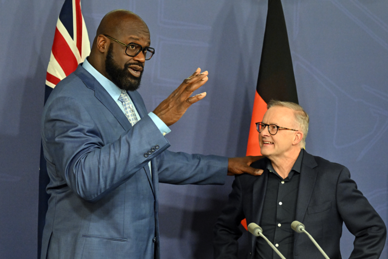 NBA legend Shaquille O’Neal discusses the voice and Indigenous empowerment with PM Anthony Albanese in Sydney. <i>Photo: AAP</i>