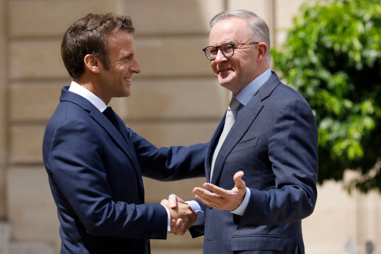 French President Emmanuel Macron  welcoming Prime Minister Anthony Albanese in July. 