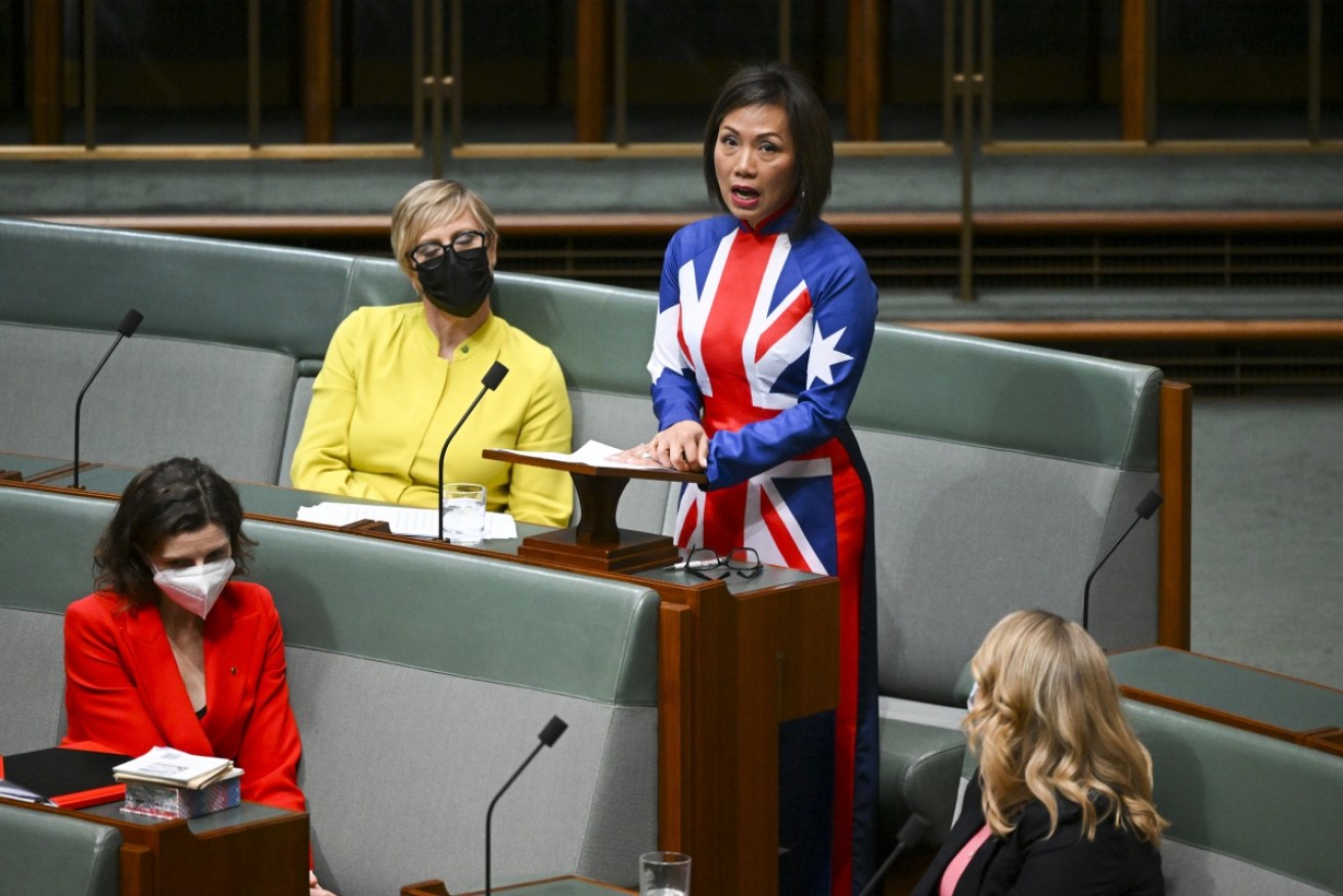 Federal MP Dai Le gave her speech wearing a Vietnamese dress featuring the Australian flag.