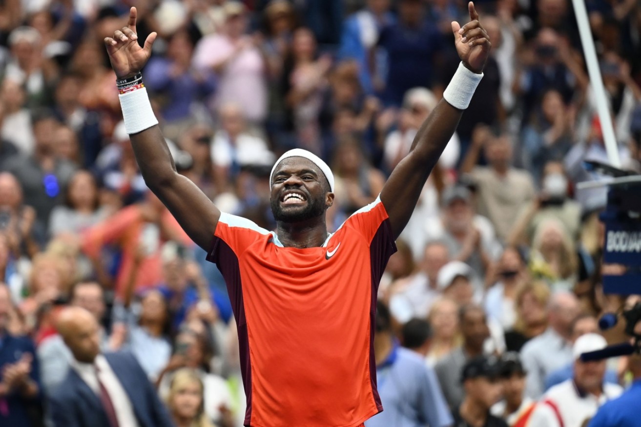 Frances Tiafoe celebrates his quarterfinal US Open victory.