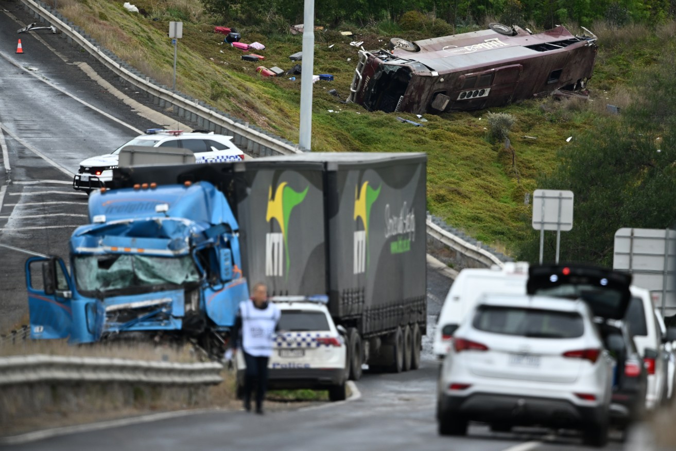 Two people have serious injuries after a crash involving a school bus and a truck west of Melbourne.