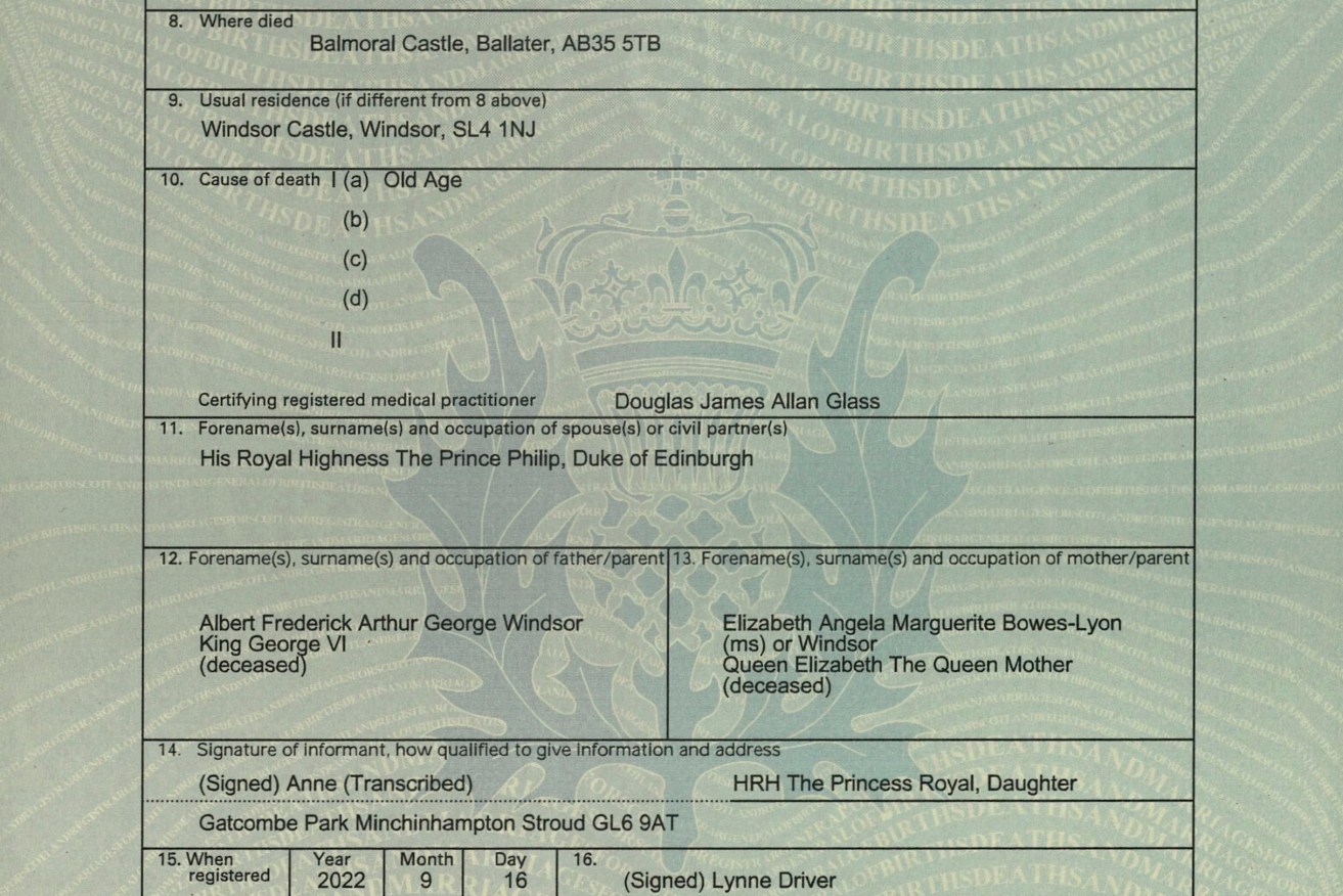 The death certificate of Queen Elizabeth II states she died of old age.