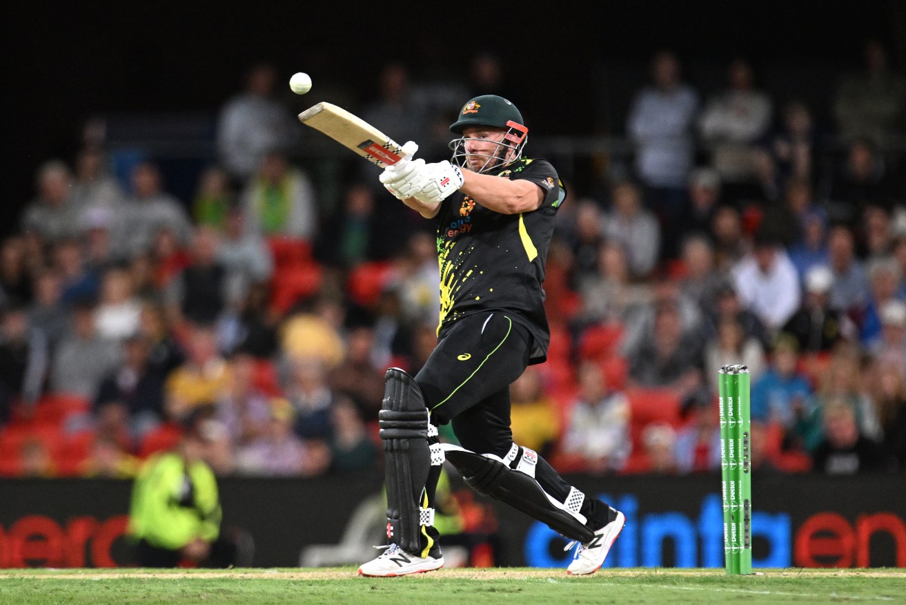 Aaron Finch made 58 as Australia beat the West Indies by three wickets at Metricon Stadium.