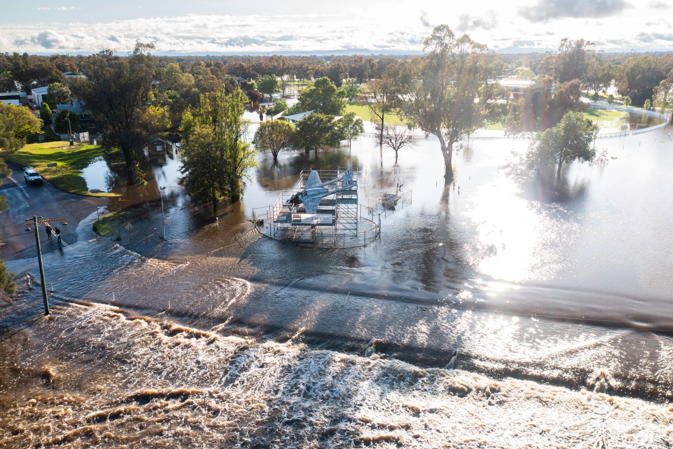 An aerial view of Lake Forbes, which is fed by the swollen Lachlan River, in Forbes.