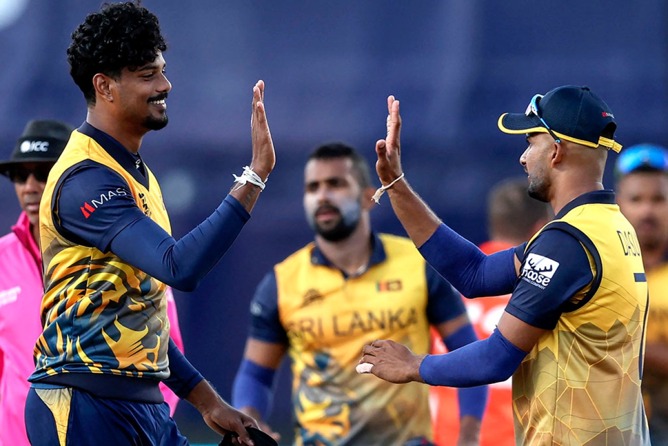 Sri Lanka's Binura Fernando and Dasun Shanaka celebrate the win over the Netherlands in Geelong on Thursday. 