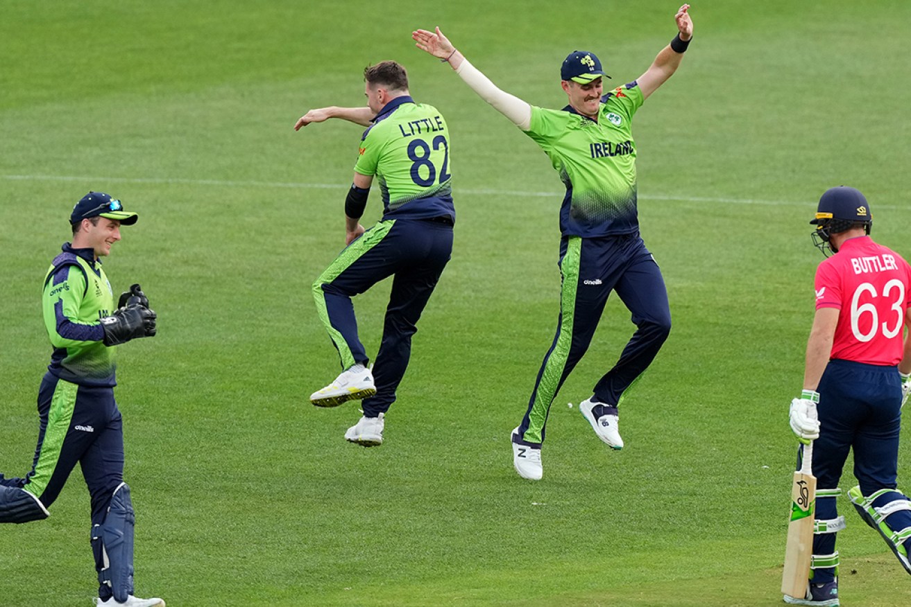 Ireland celebrates the wicket of Jos Buttler in its upset five-run WT20 win over England. 