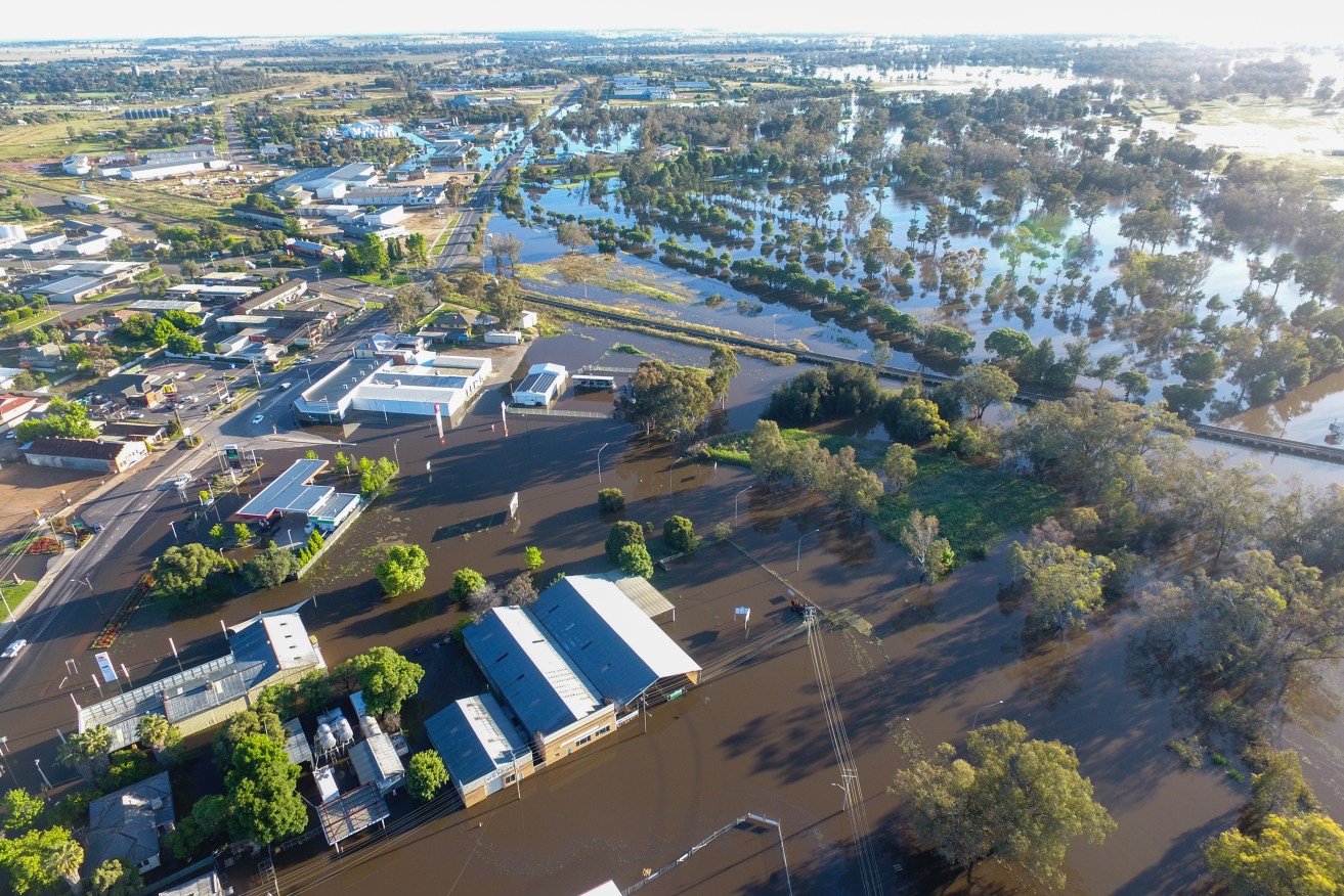 An aerial view of flood waters impacting the town of Forbes, NSW.