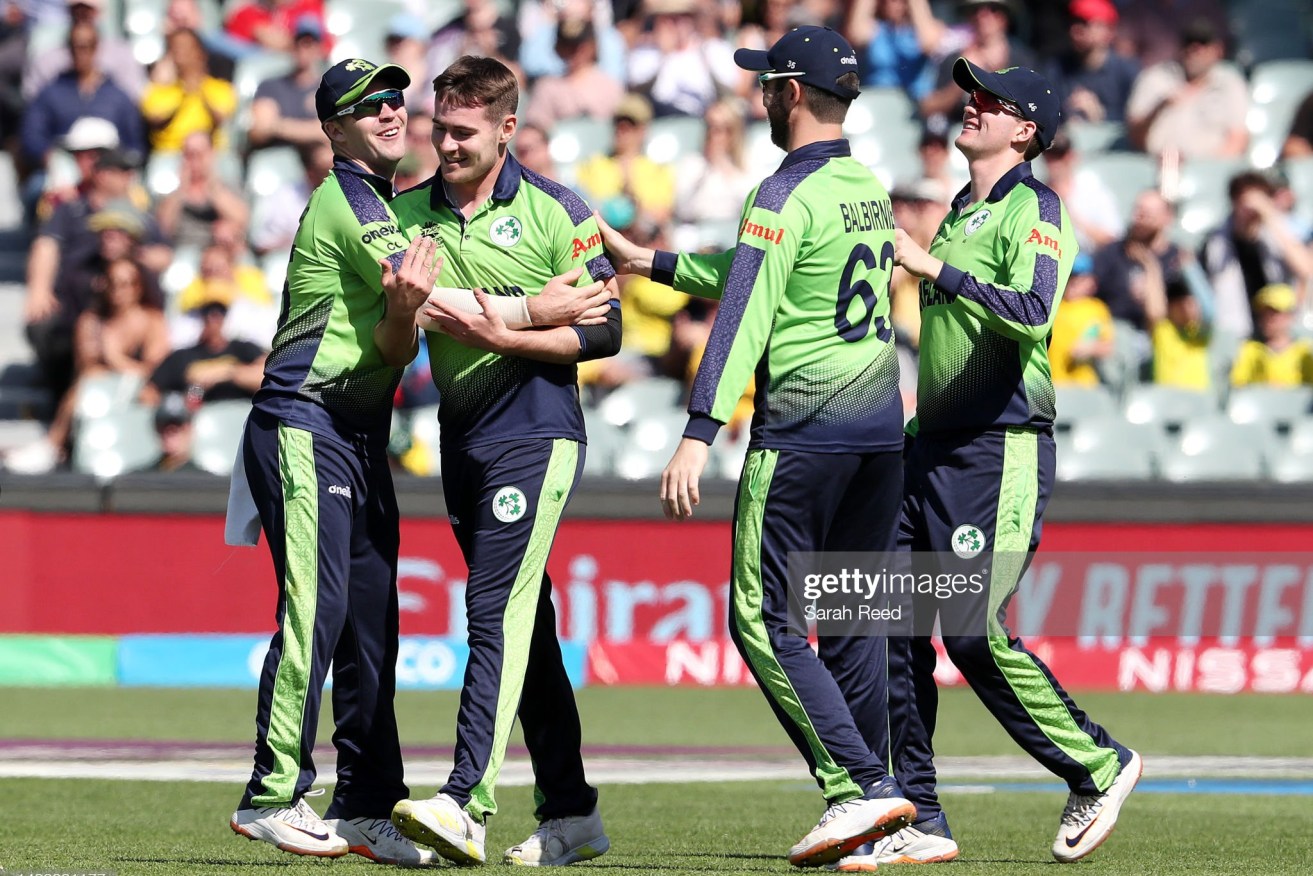 Ireland's Josh Little celebrates after completing his hat-trick with the wicket of  New Zealand's Mitchell Santner during their T20 World Cup clash at Adelaide Oval.