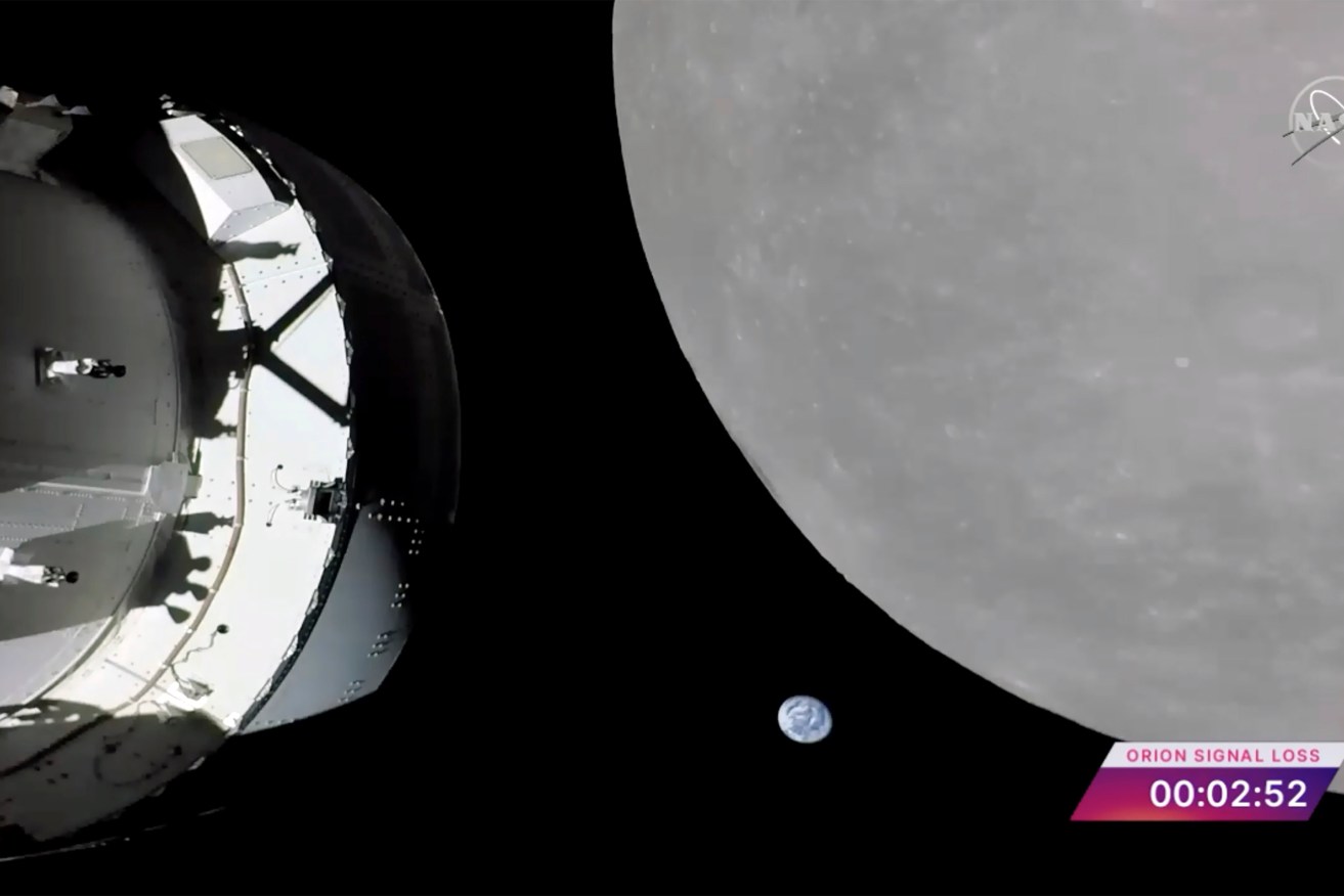 NASA's Orion capsule, left, nearing the moon, right.