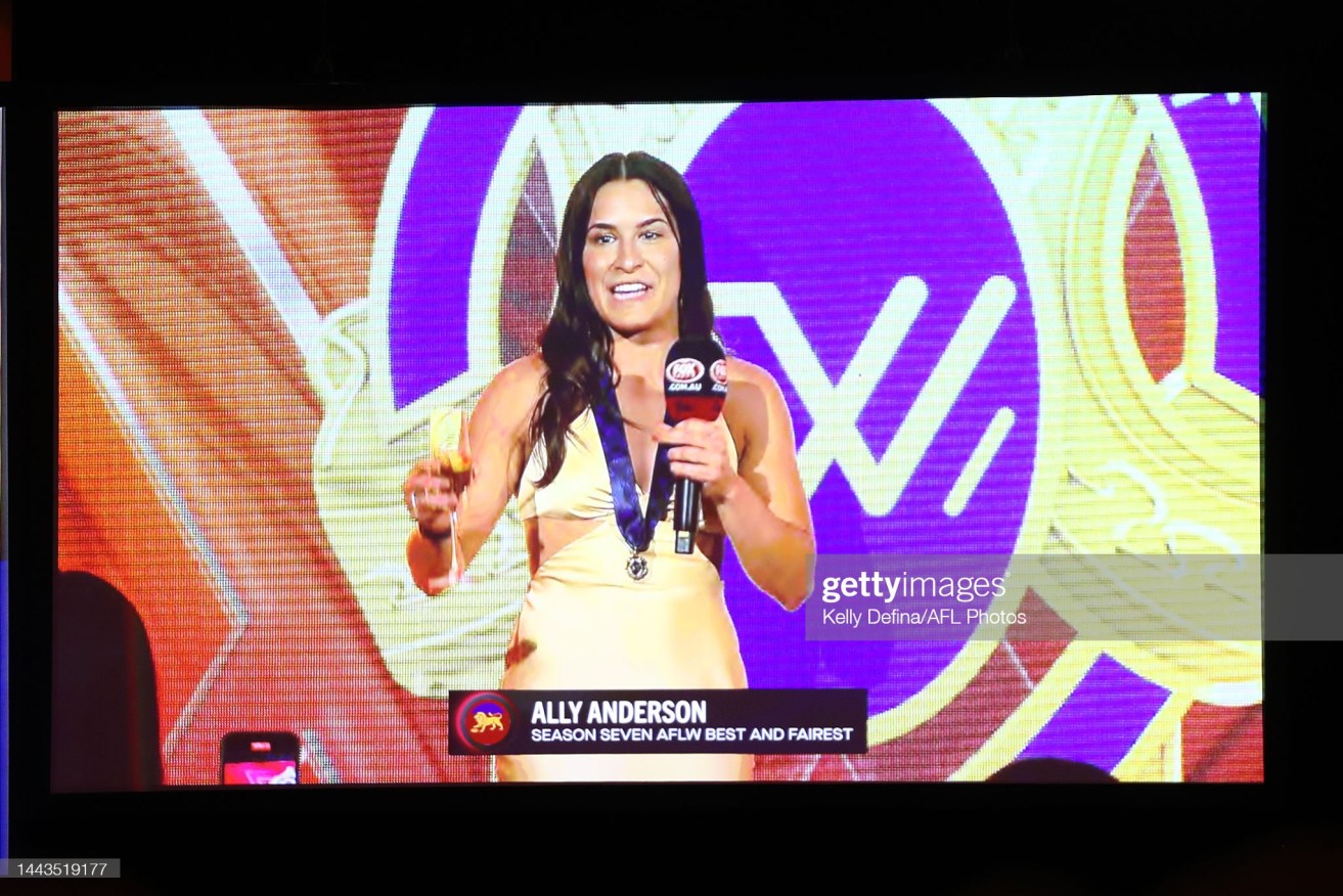 Ally Anderson, the AFL’s best and fairest winner for season seven, is seen on the live-cross during the awards ceremony at Melbourne's Crown casino.