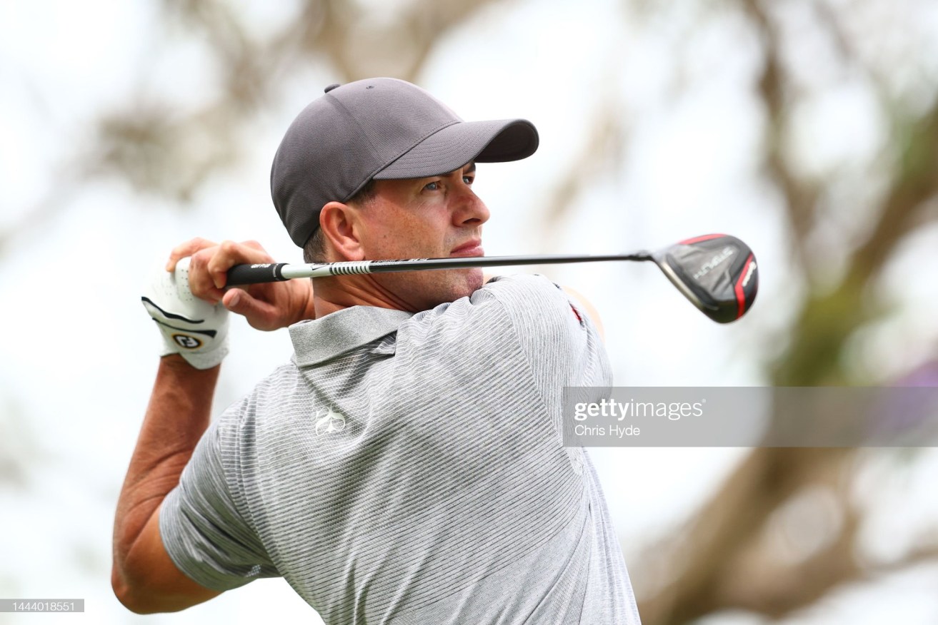 Adam Scott tees off during his opening round of the Australian PGA Championship at Royal Queensland Golf Club.
