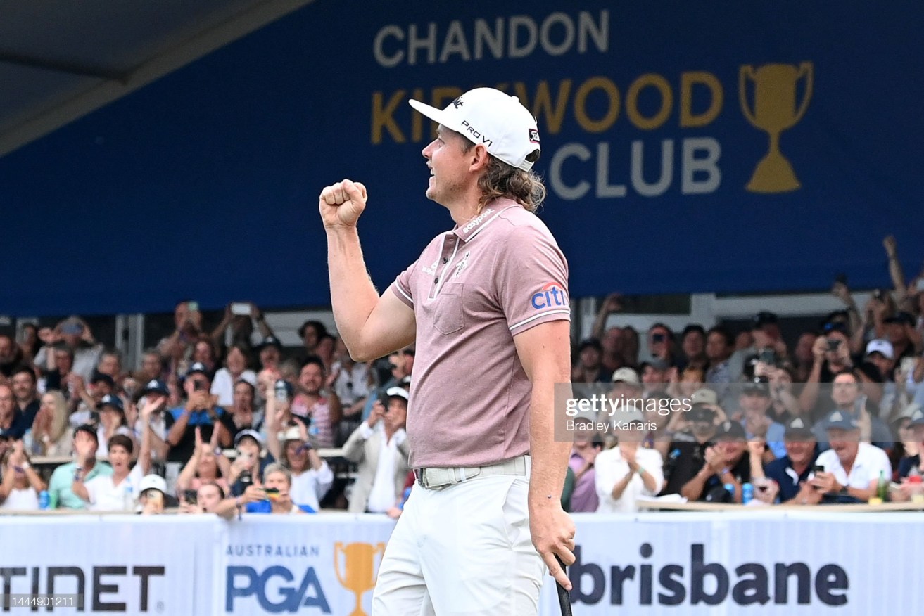 Australian golfer Cameron Smith pumps his fist in jubilation as he celebrates victory in the Australian PGA Championship at Royal Queensland.