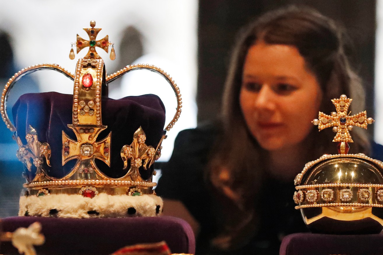 The St. Edward's Crown and Orb, part of an exhibition at the The Queen's Diamond Jubilee Galleries, in Westminster Abbey.