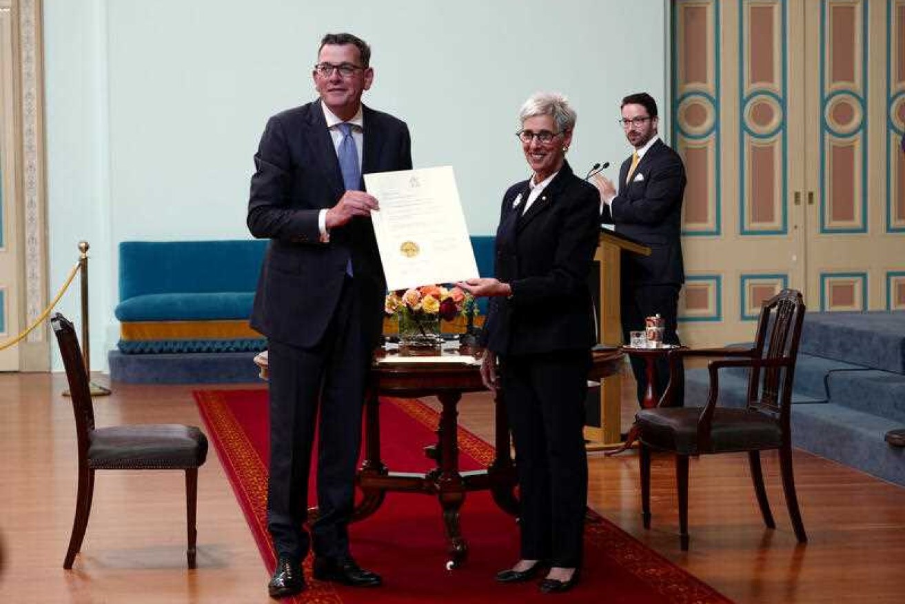 Victorian Premier Daniel Andrews and  Governor Linda Dessau during the swearing-in ceremony at Government House in Melbourne.