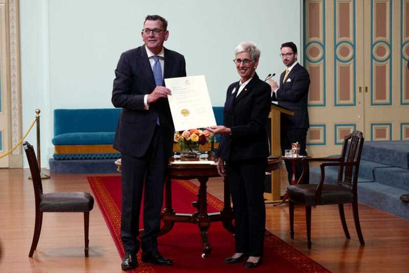 Victorian Premier Daniel Andrews and Governor Linda Dessau during the swearing-in ceremony at Government House in Melbourne.
