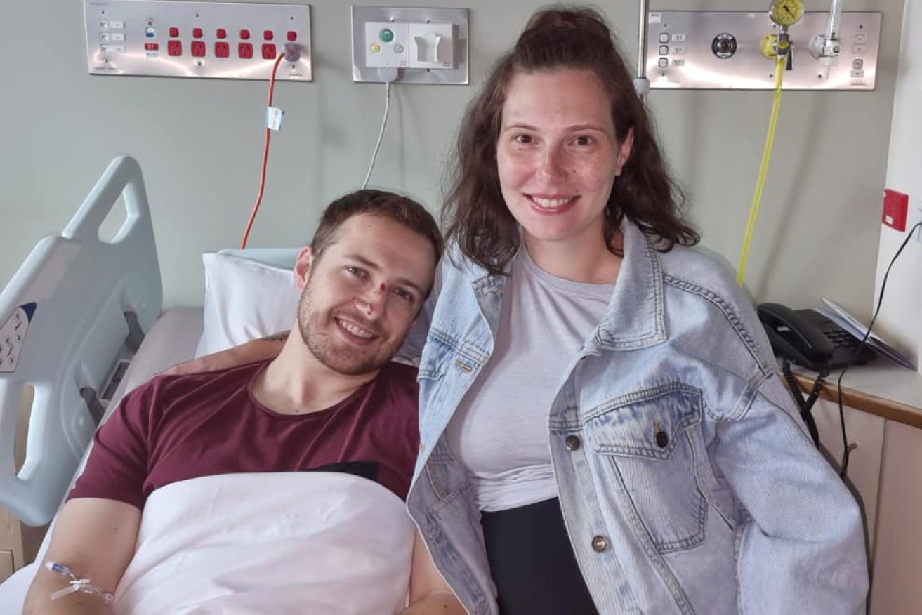 Constable Kirk with wife Breanna. He is recovering well from injuries sustained in Monday's ambush.