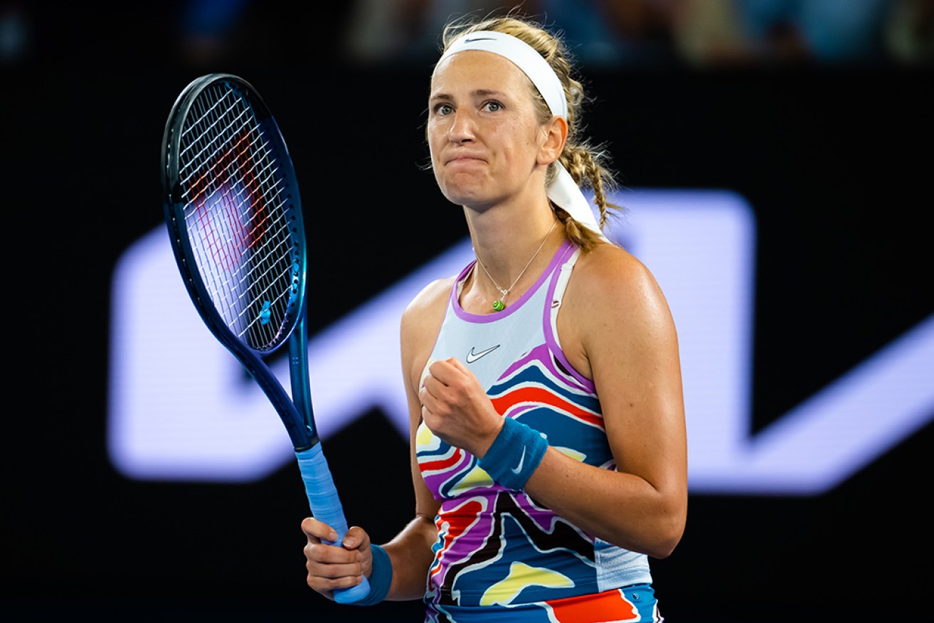 MELBOURNE, AUSTRALIA - JANUARY 24: Victoria Azarenka of Belarus in action against Jessica Pegula of the United States during her quarter-final match on Day 9 of the 2023 Australian Open at Melbourne Park on January 24, 2023 in Melbourne, Australia (Photo by Robert Prange/Getty Images)