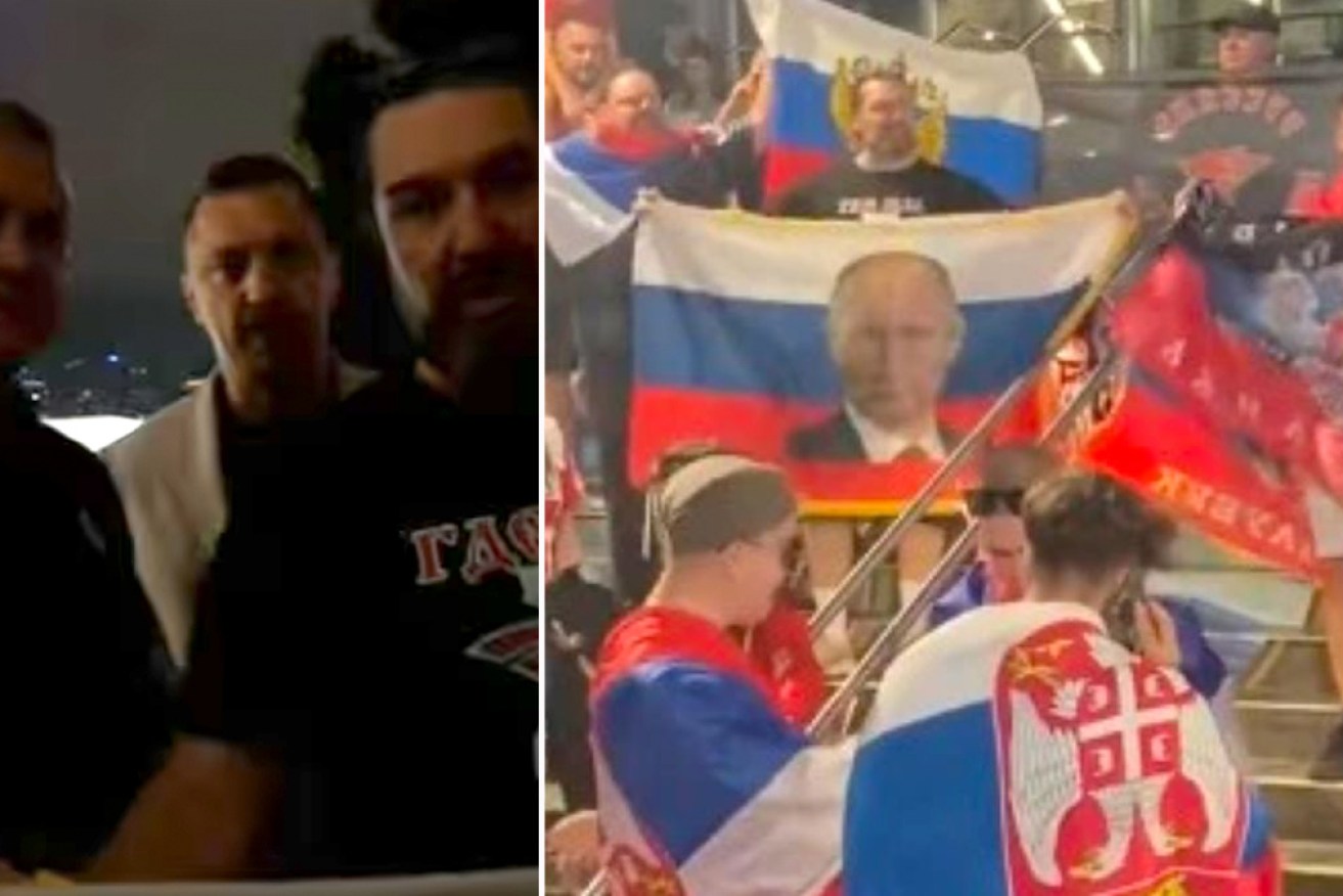 Russian fans in the Australian Open crowd on Wednesday night and (left) Srdjan Djokovic in the YouTube footage.