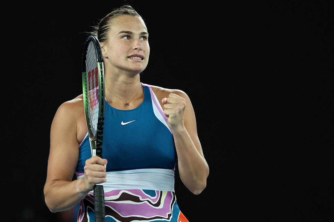 Aryna Sabalenka celebrates her win to book her spot in the final against Elena Rybakina.