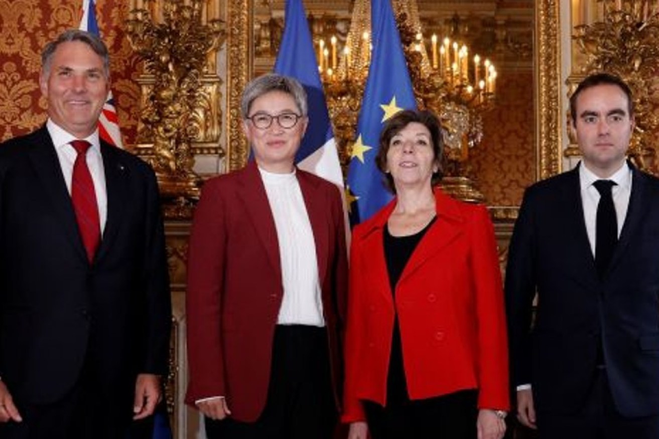 Richard Marles and Penny Wong with French Foreign and European Affairs Minister Catherine Colonna and Armies Minister Sebastien Lecornu in Paris. 