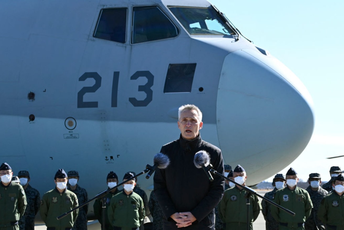 NATO Secretary General Jens Stoltenberg delivers a speech as he visits Iruma Air Base in Japan. 