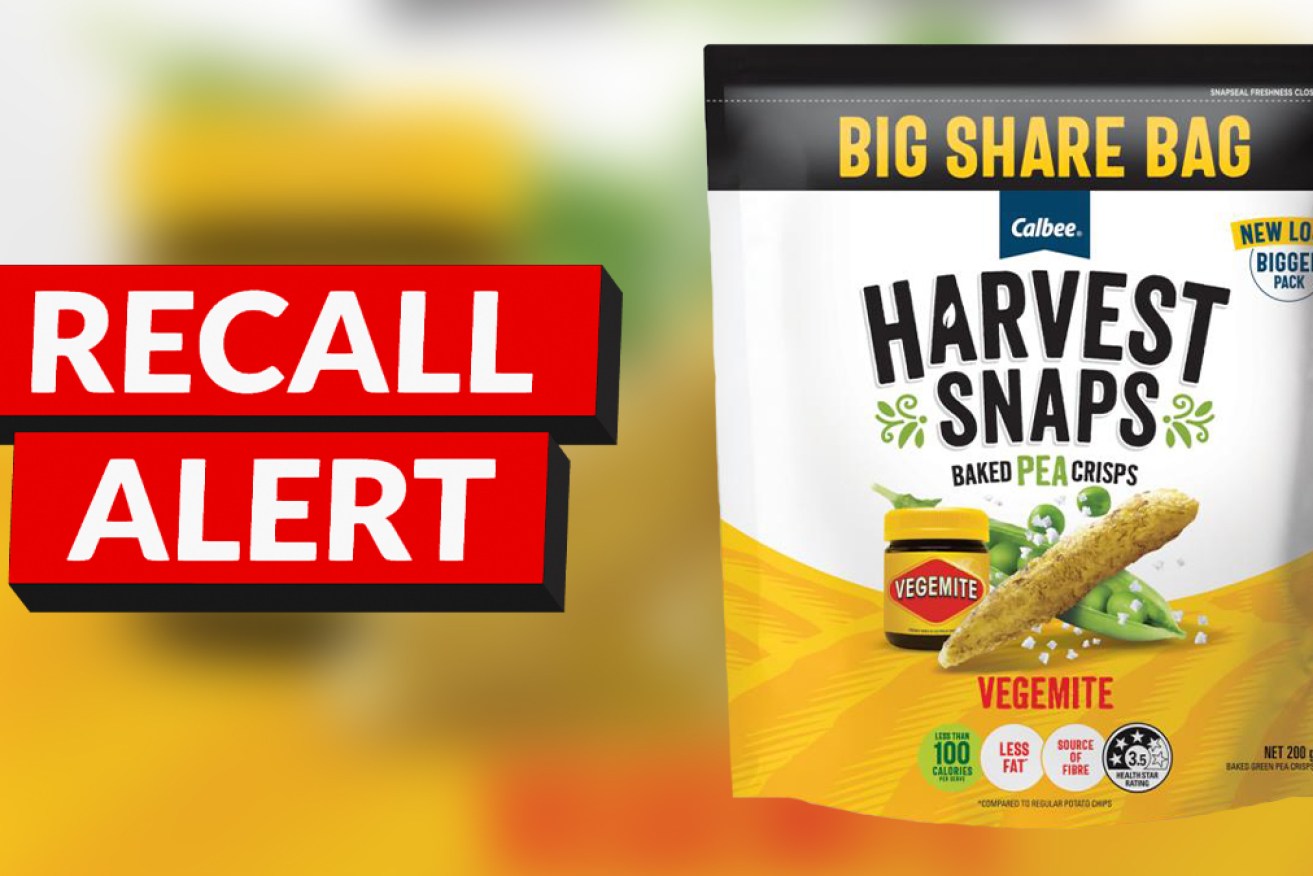 Calbee Harvest Snaps Baked Pea Crisps Vegemite 200g recall