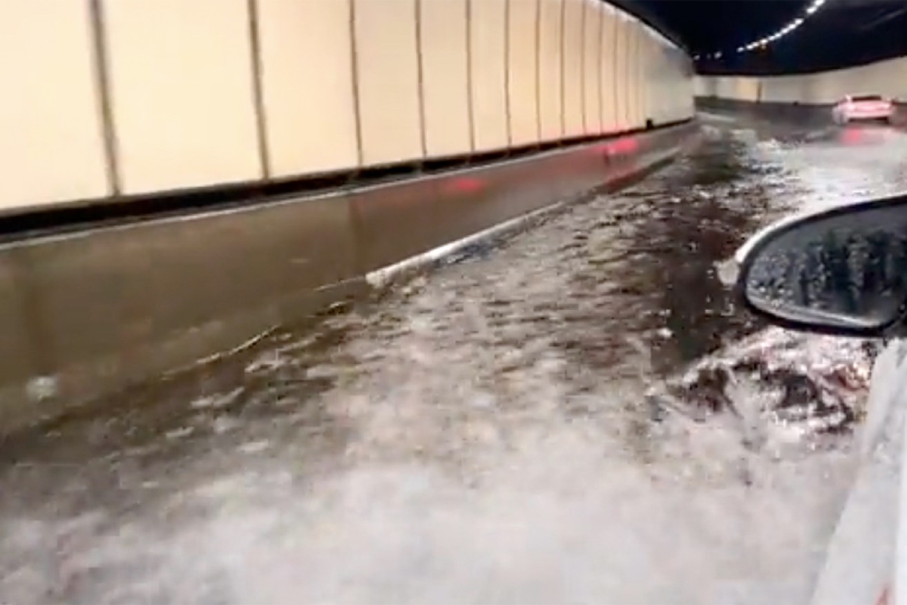 Floodwaters in the Eastern Distributor tunnel in Sydney on Tuesday night.