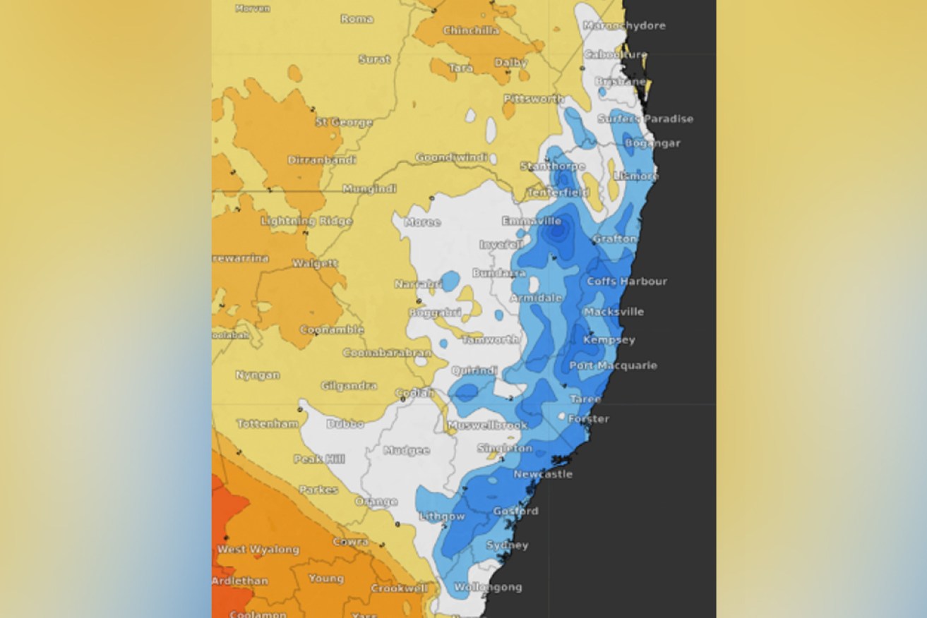 Thunderstorms are most likely in the white and blue areas,  with the darker blues indicating a higher chance of severe storms.