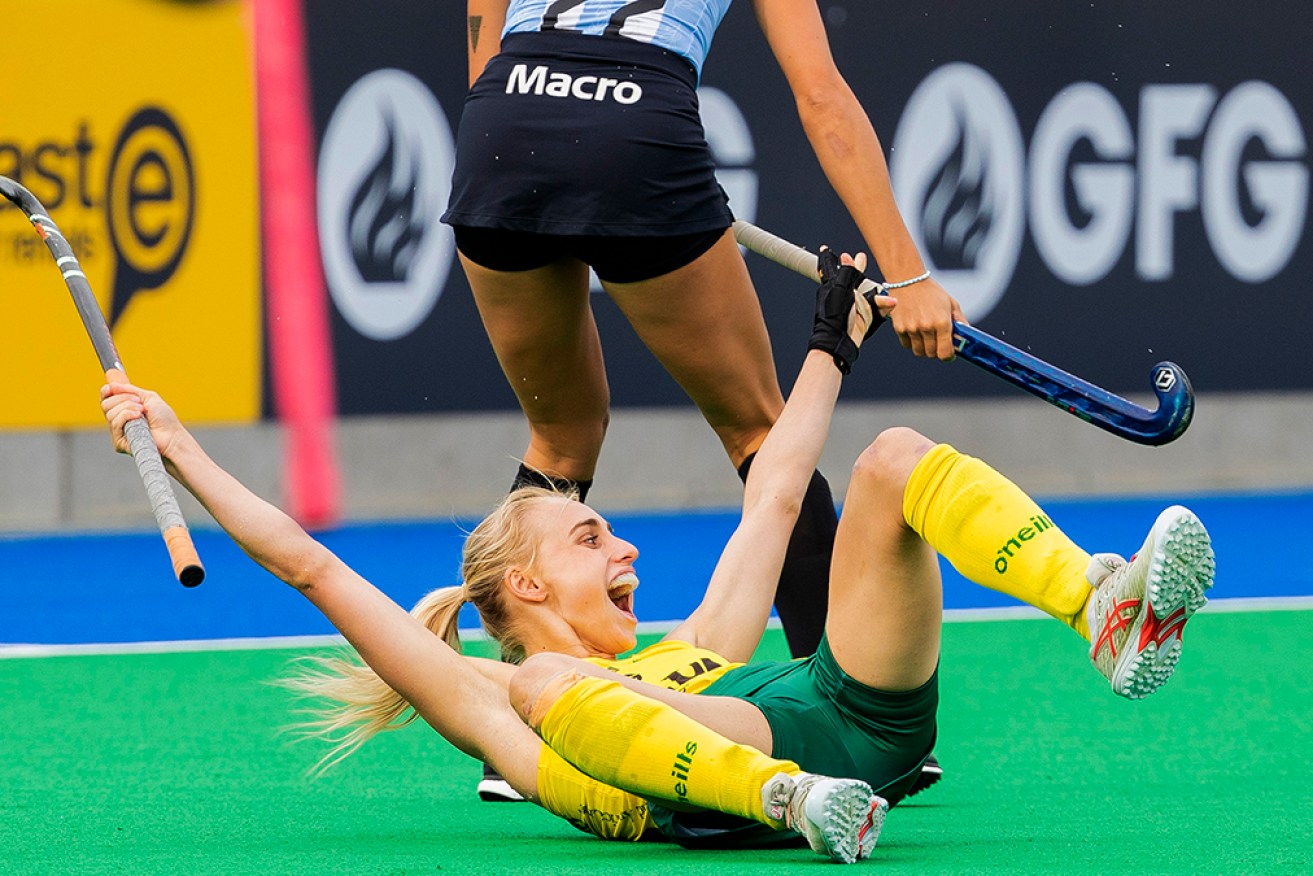 Hannah Cullum-Sanders celebrates her maiden goal for the Hockeyroos in the 2-0 win over Argentina.
