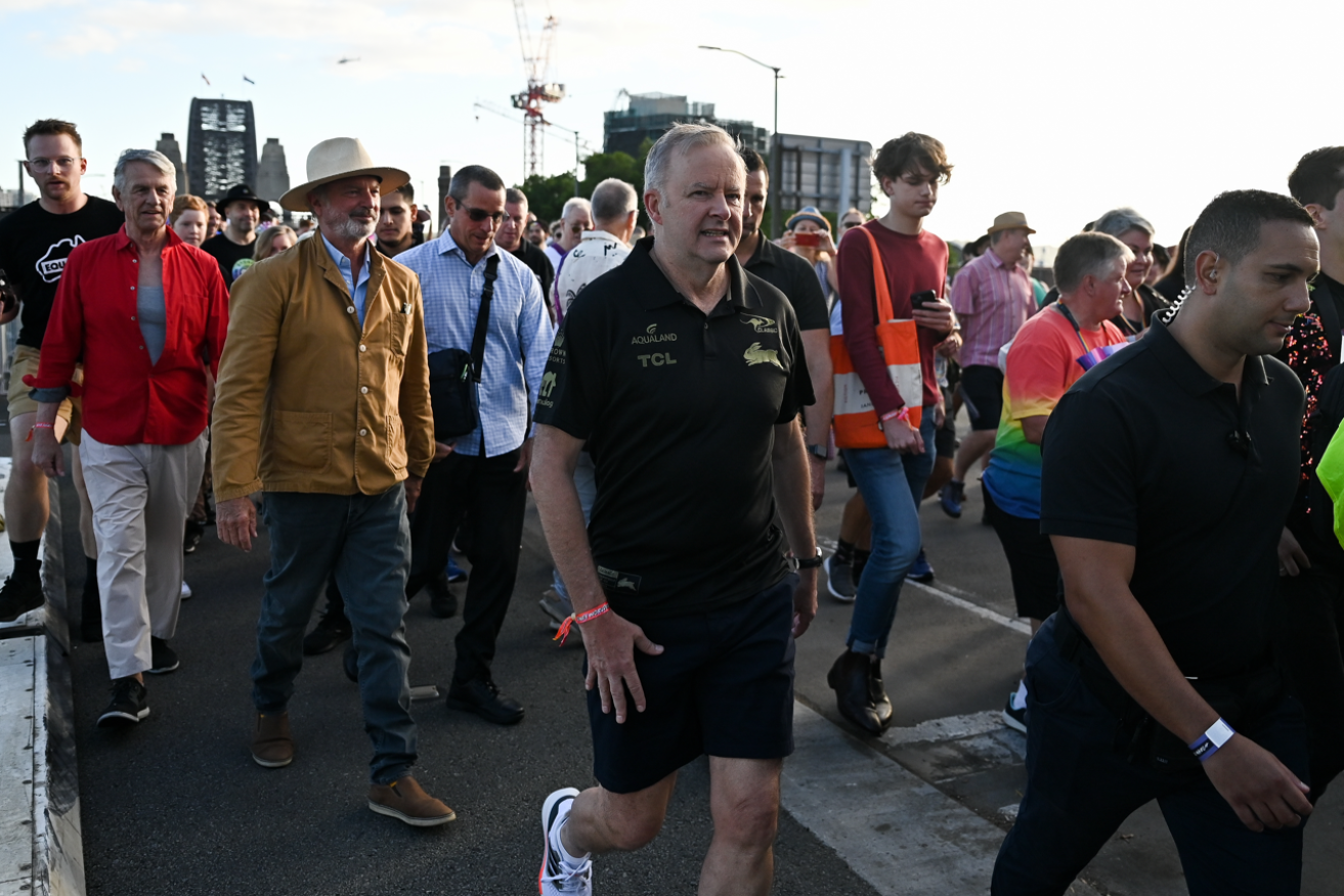 PM Anthony Albanese votes with his feet for dignity and equality at Sunday's bridge walk. <i>Photo: AAP</i> 
