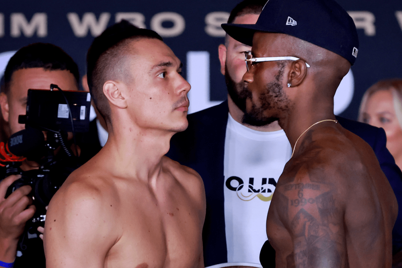 Australia's Tim Tim Tszyu faces off with US pug Tony Harrison . <i?Photo: AAP</i>